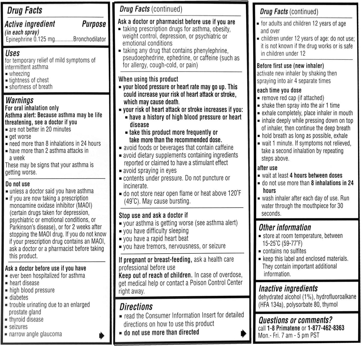 Epinephrine asthma inhaler canister with Drug Facts information label panels