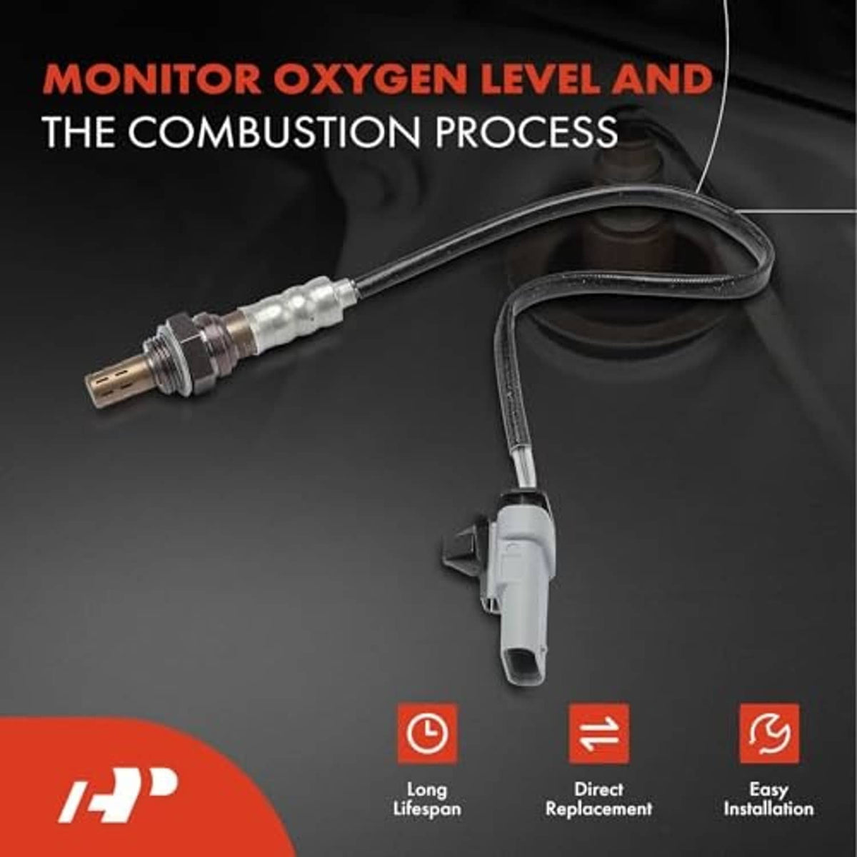 Heated oxygen sensor assembly with metal probe and gray electrical connector on cable