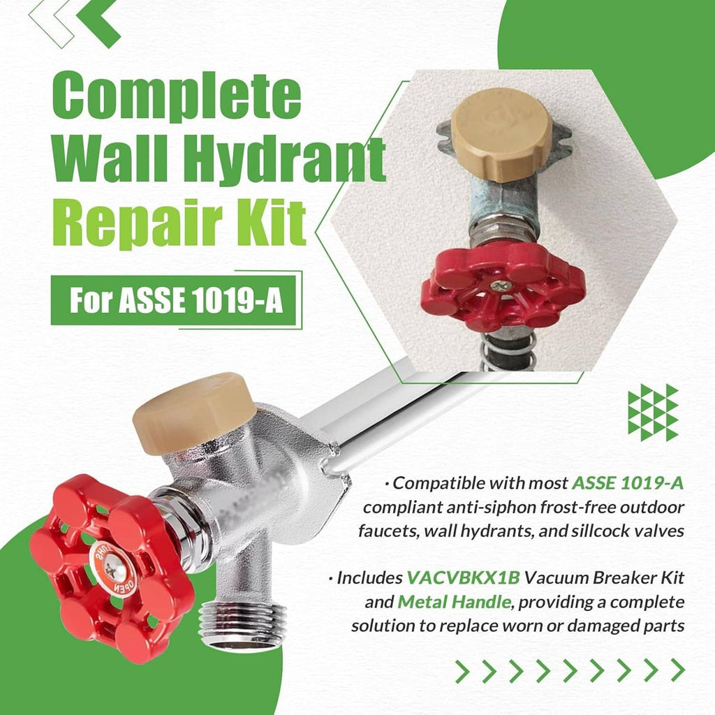 Outdoor faucet repair kit showing red valve assembly on a faucet and included parts