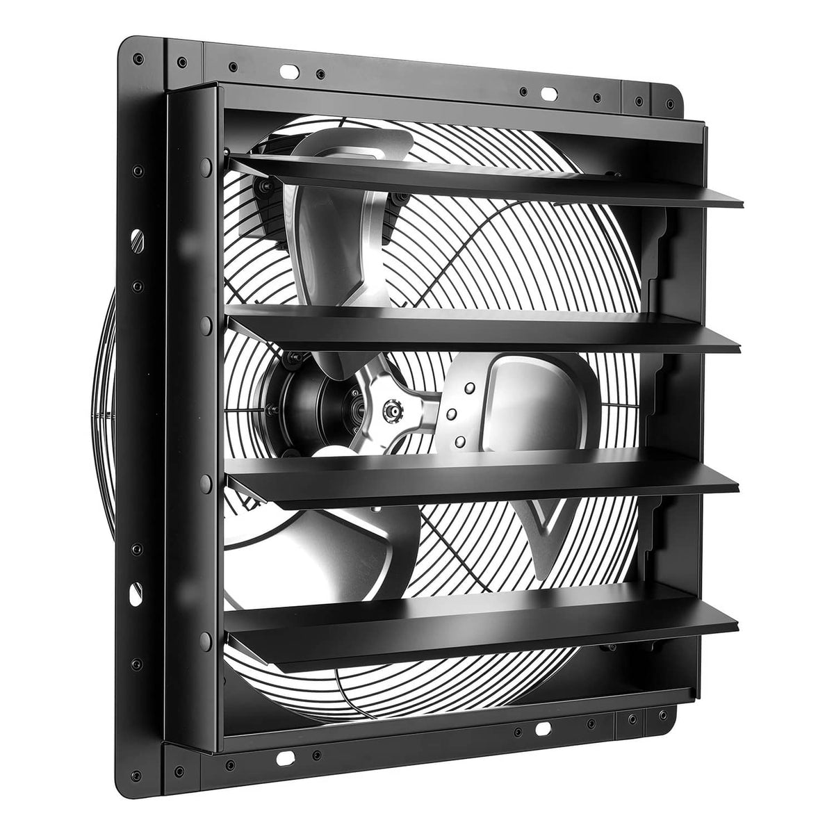 Wall-mounted exhaust fan cutaway showing fan blades and motor, black louvered housing