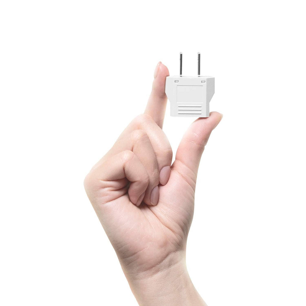 White European to US plug adapter held in hand, showing dual US socket