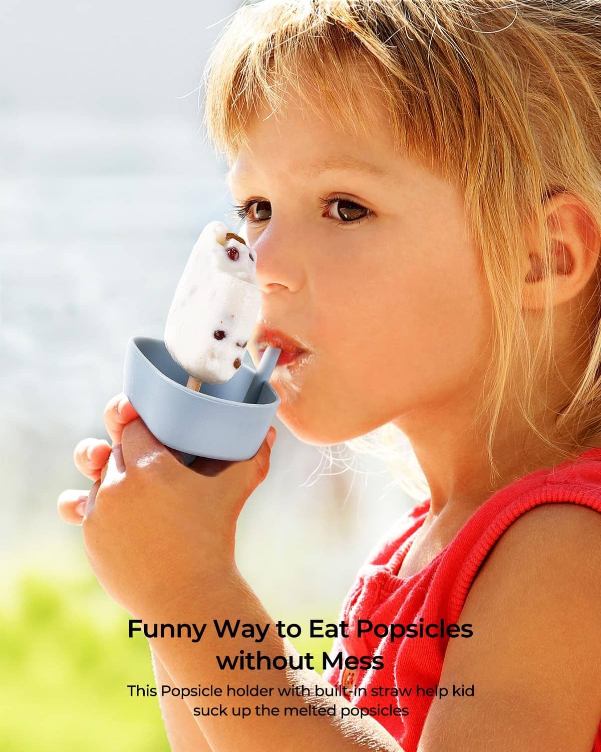 Silicone popsicle holder for kids with anti-mess drip-free tray, blue color