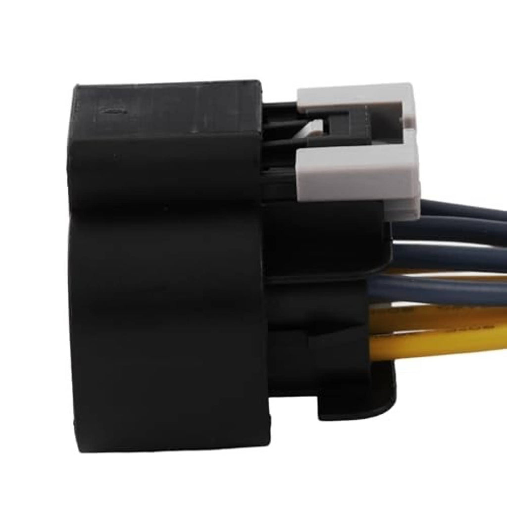 Headlight wiring connector pigtail with black housing and grey connector block, blue/yellow wires