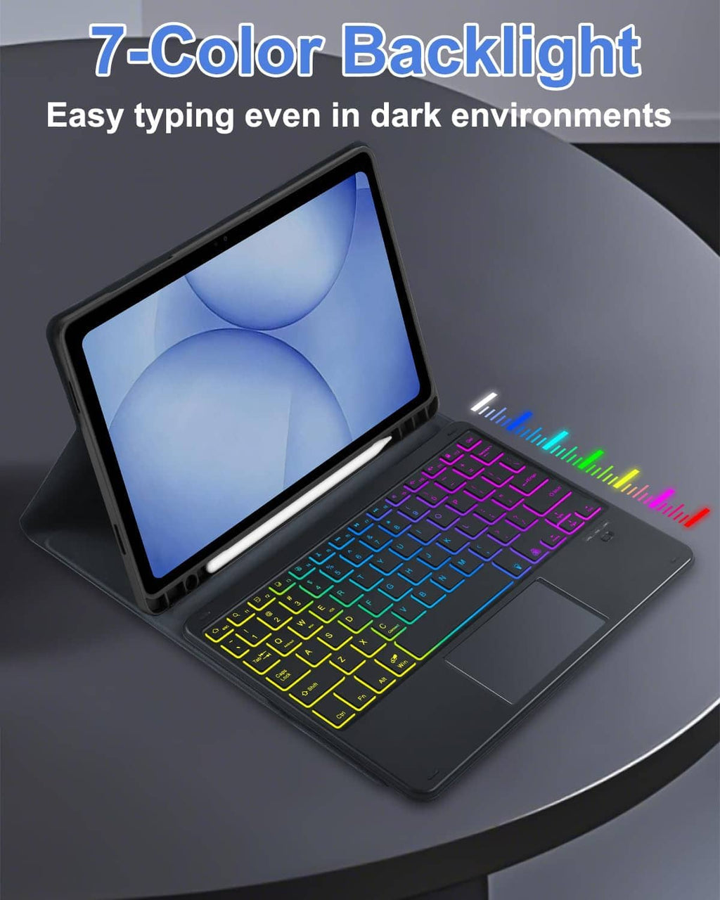 Black keyboard case with 7-color backlit keys and tablet viewing stand