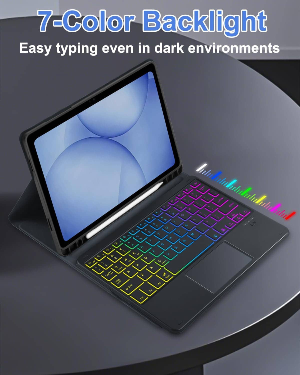 Black keyboard case with 7-color backlit keys and tablet viewing stand