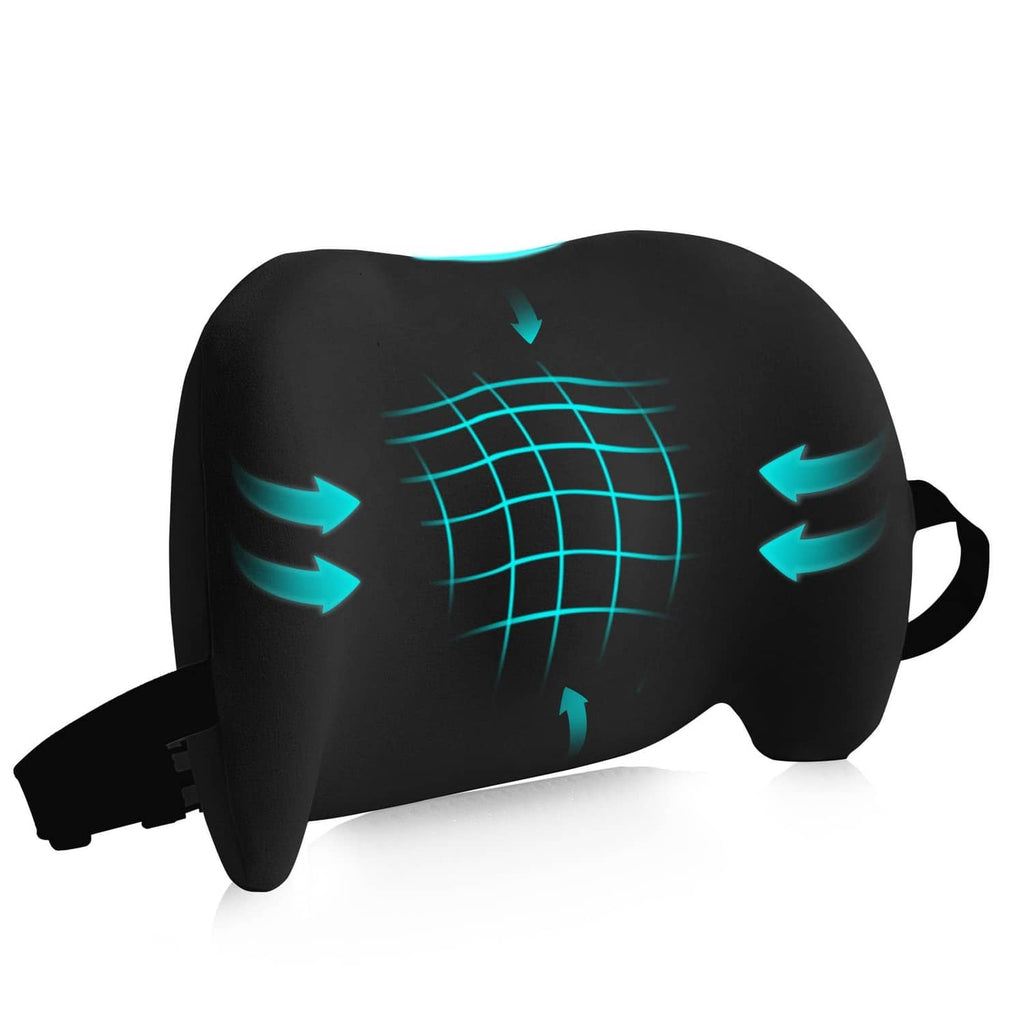 Black lumbar support pillow with teal grid pressure-relief pattern and side handle strap