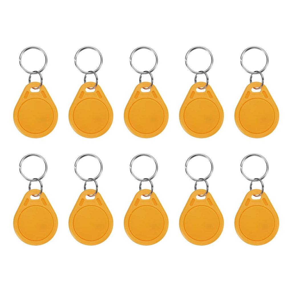 Set of yellow RFID key fobs with metal key rings and rounded fob bodies
