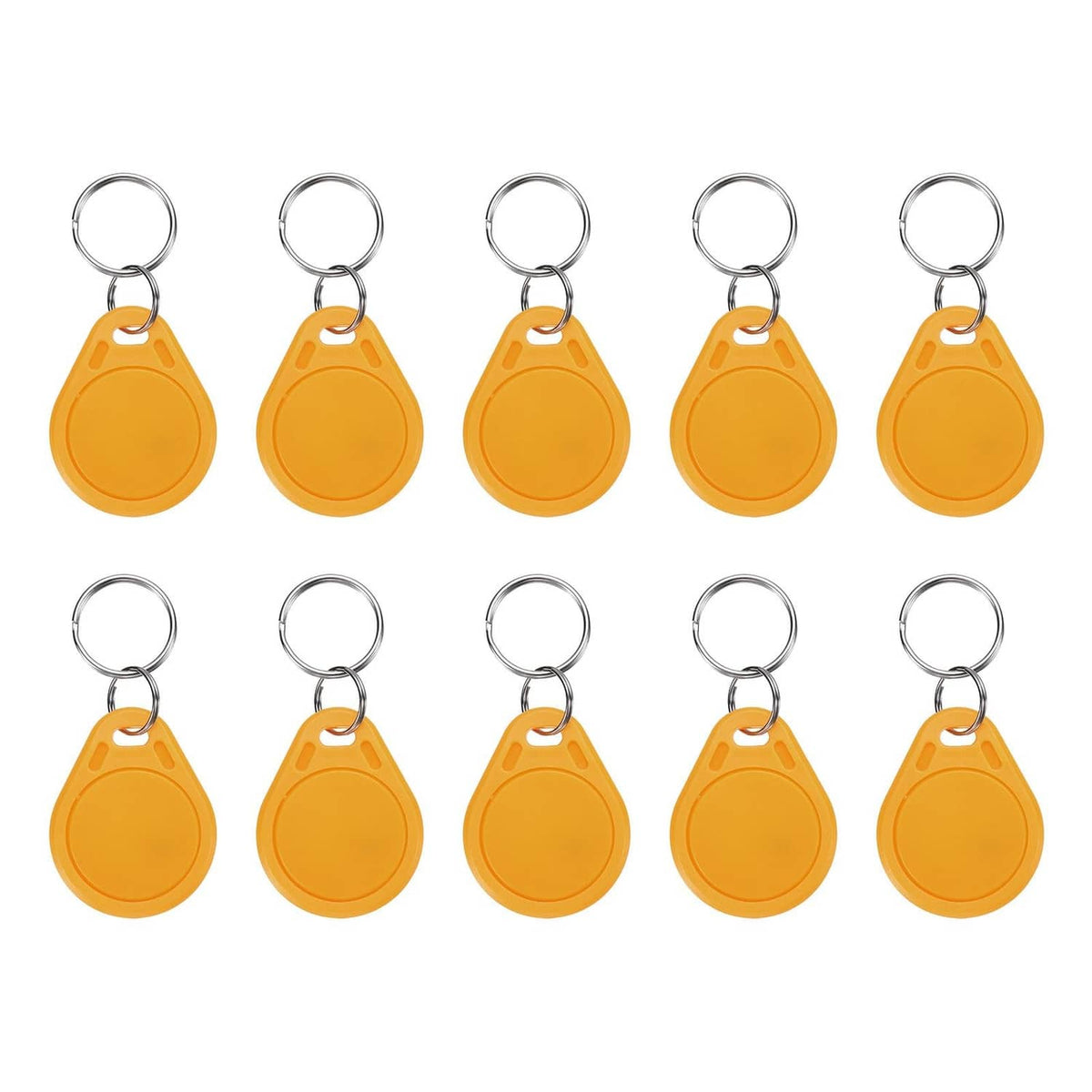 Set of yellow RFID key fobs with metal key rings and rounded fob bodies