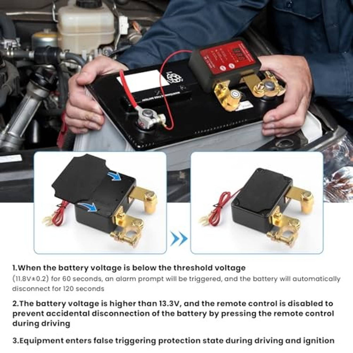 Remote battery disconnect switch installed in an engine bay with wiring connected to battery terminals.