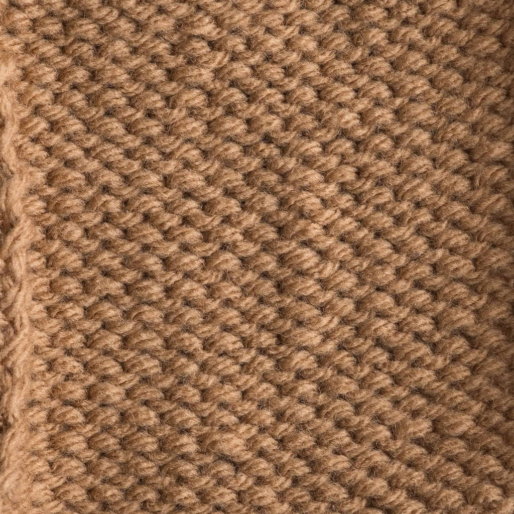 Close-up of warm tan/brown knit fabric with tight textured stitch pattern.