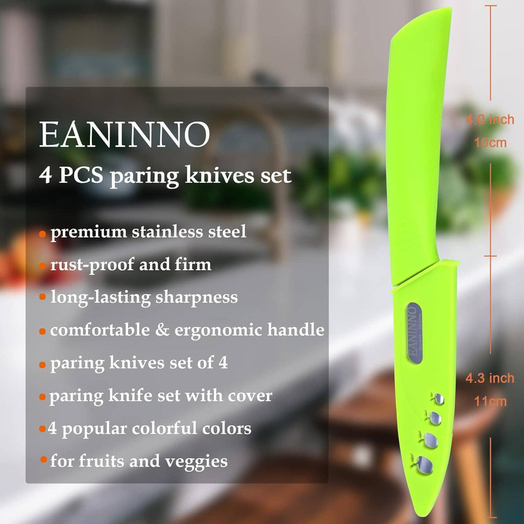 Neon green paring knife with protective cover, ergonomic handle