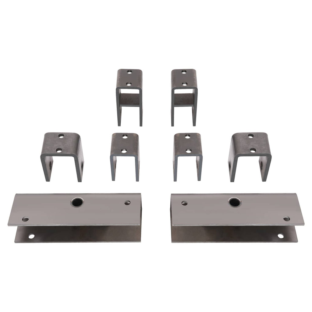Metal trailer axle hanger kit with four U-brackets and two long crossplates