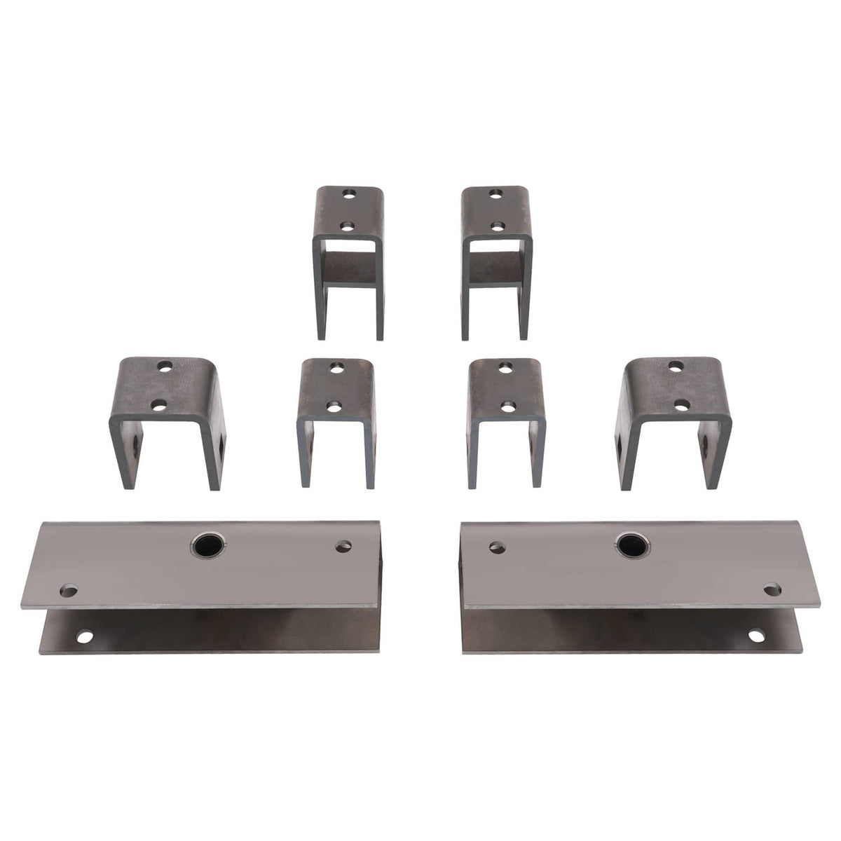 Metal trailer axle hanger kit with four U-brackets and two long crossplates