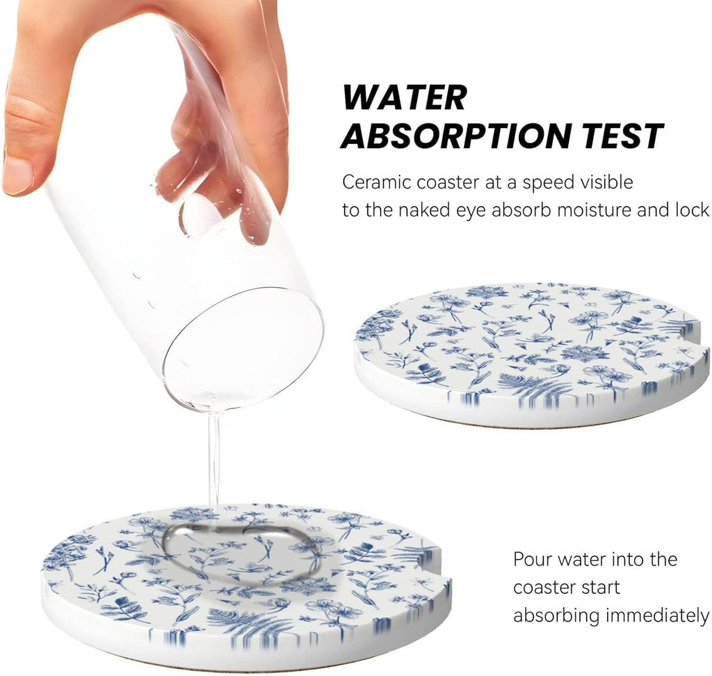 Round ceramic car cup coaster with blue floral design during water absorption test