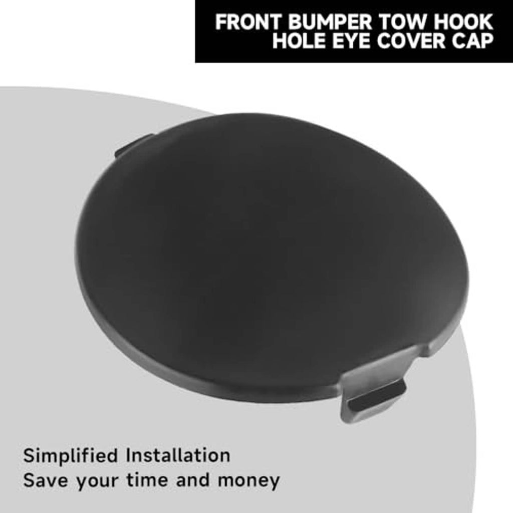 Black front bumper tow hook cover cap with latch tab at the side