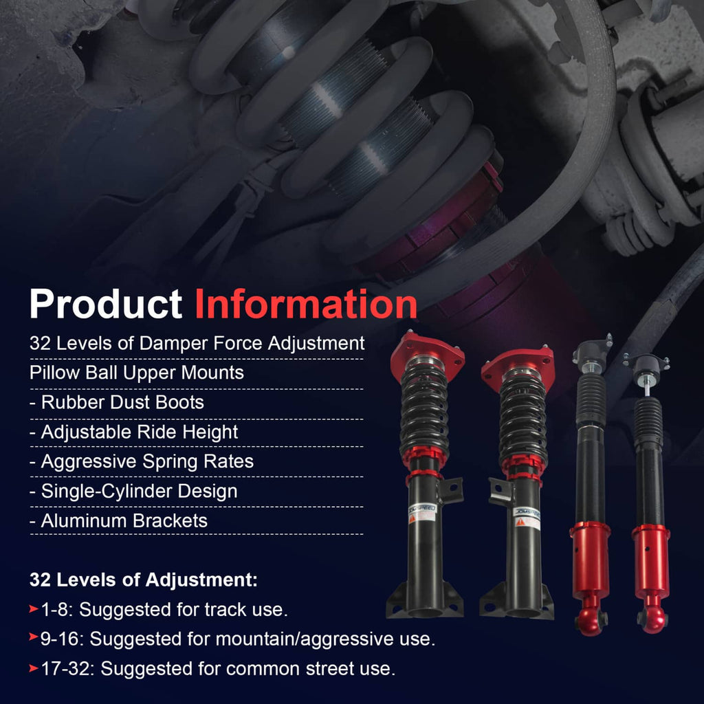 Adjustable coilover suspension struts with red top mounts and black coil springs
