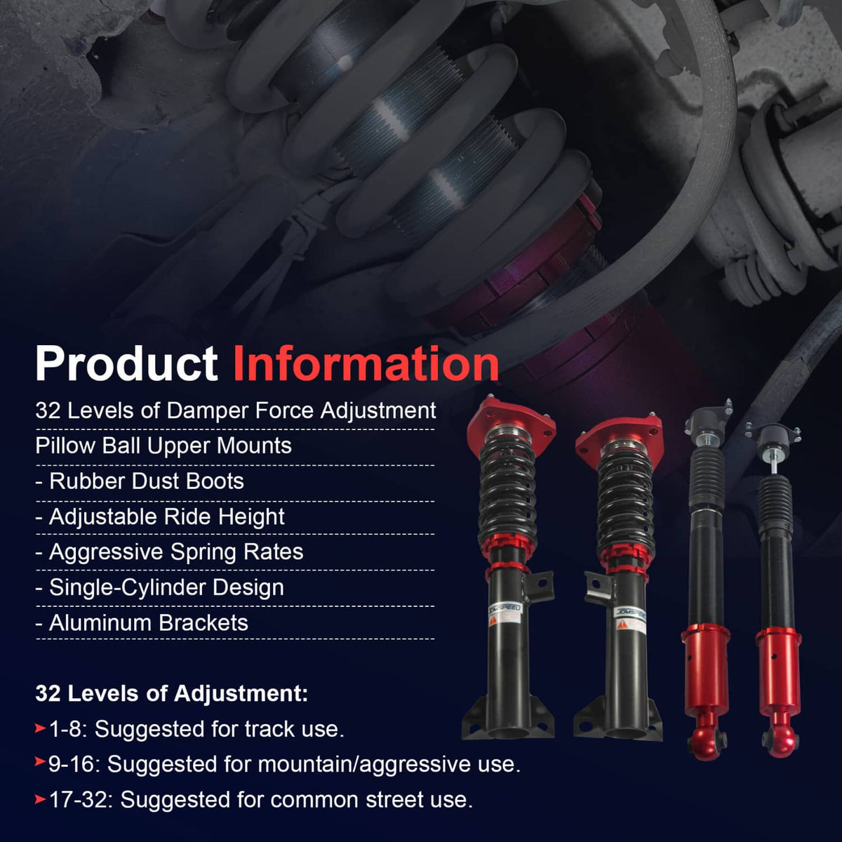 Adjustable coilover suspension struts with red top mounts and black coil springs