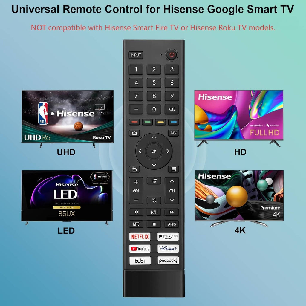 Gray universal TV remote with number keypad, D-pad, and streaming shortcut buttons