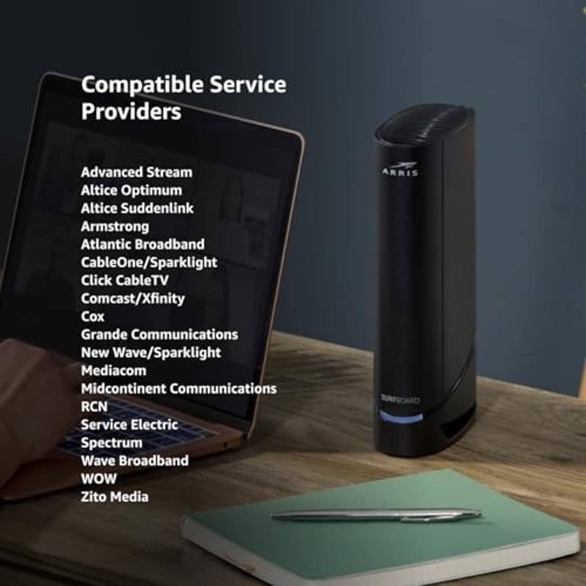 ARRIS SURFboard black cable modem router with blue status LED on glossy housing