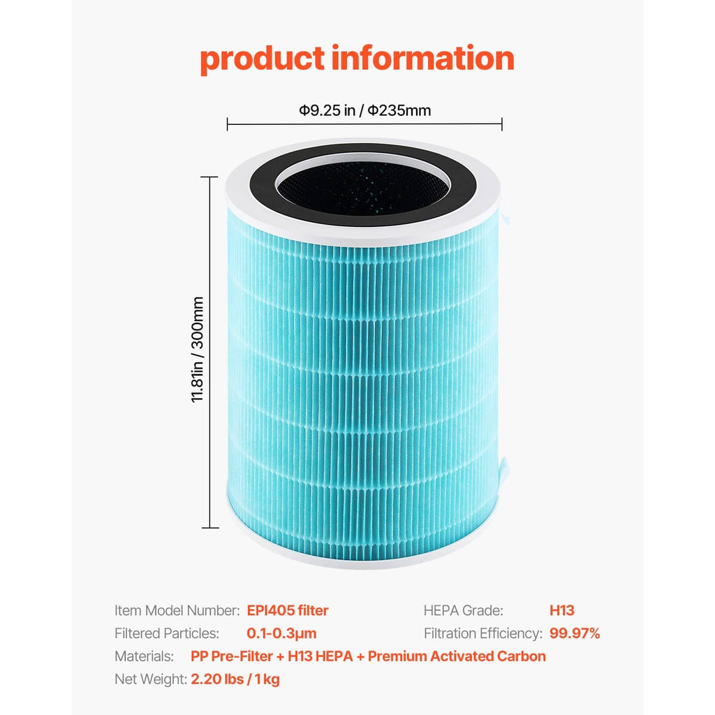 Blue H13 air purifier filter replacement cylinder with black top; size dimensions shown
