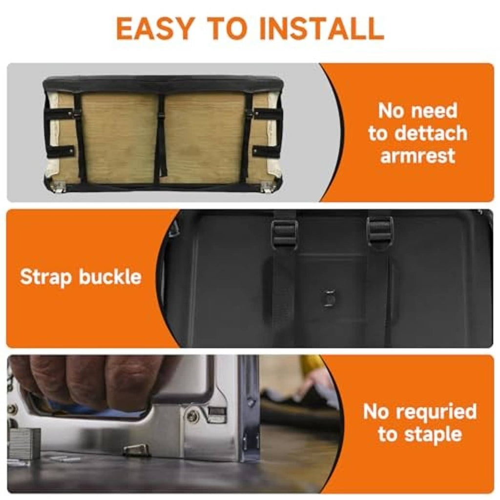 Black seat cover installation design with straps and buckles for secure fitting