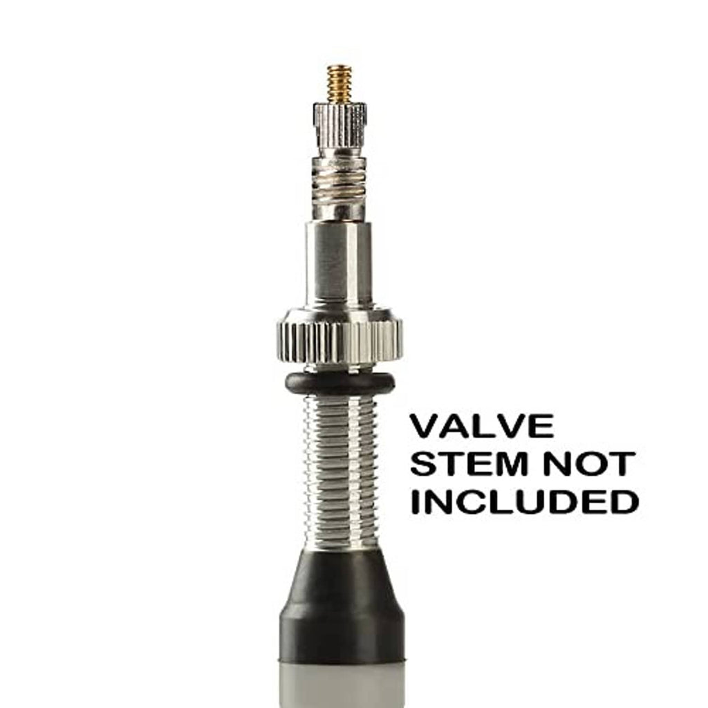 Presta valve core detail with threaded metal stem and black cap; valve stem not included.