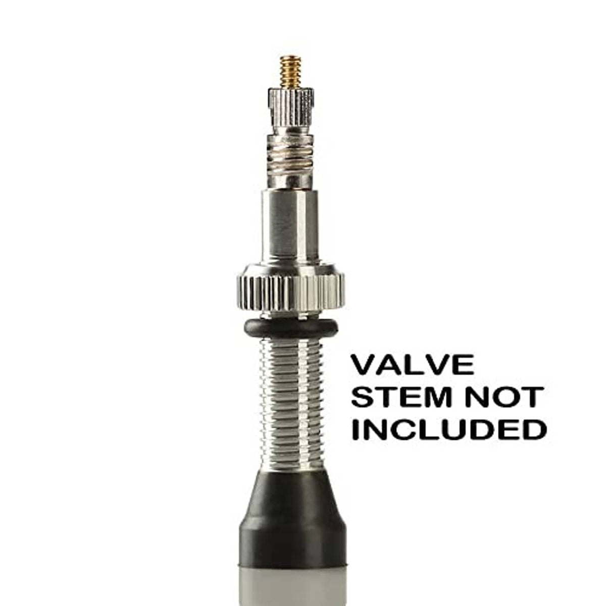 Presta valve core detail with threaded metal stem and black cap; valve stem not included.