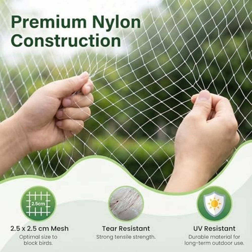 Clear mesh bird netting being tied together by hands; fine square grid pattern