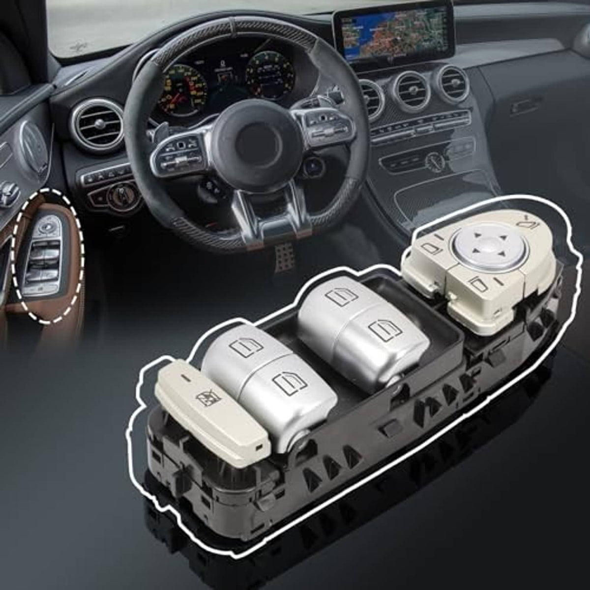 Beige power window switch kit with driver control dial and four rocker switches