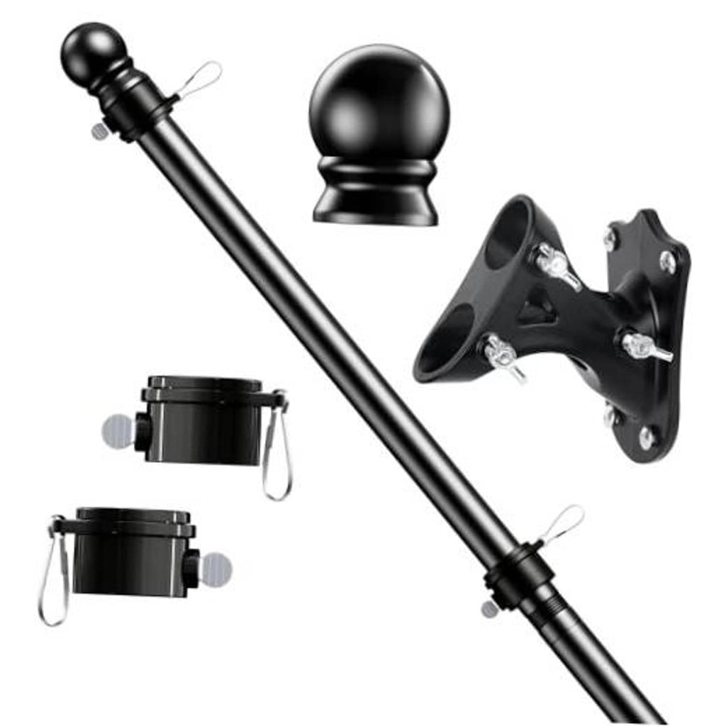 Black 5 ft flag pole kit with finial, wall-mount bracket, and anti-twist clips