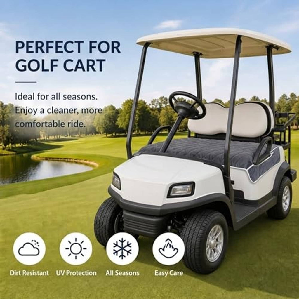 Gray quilted golf cart seat cover blanket on bench seats with black side straps