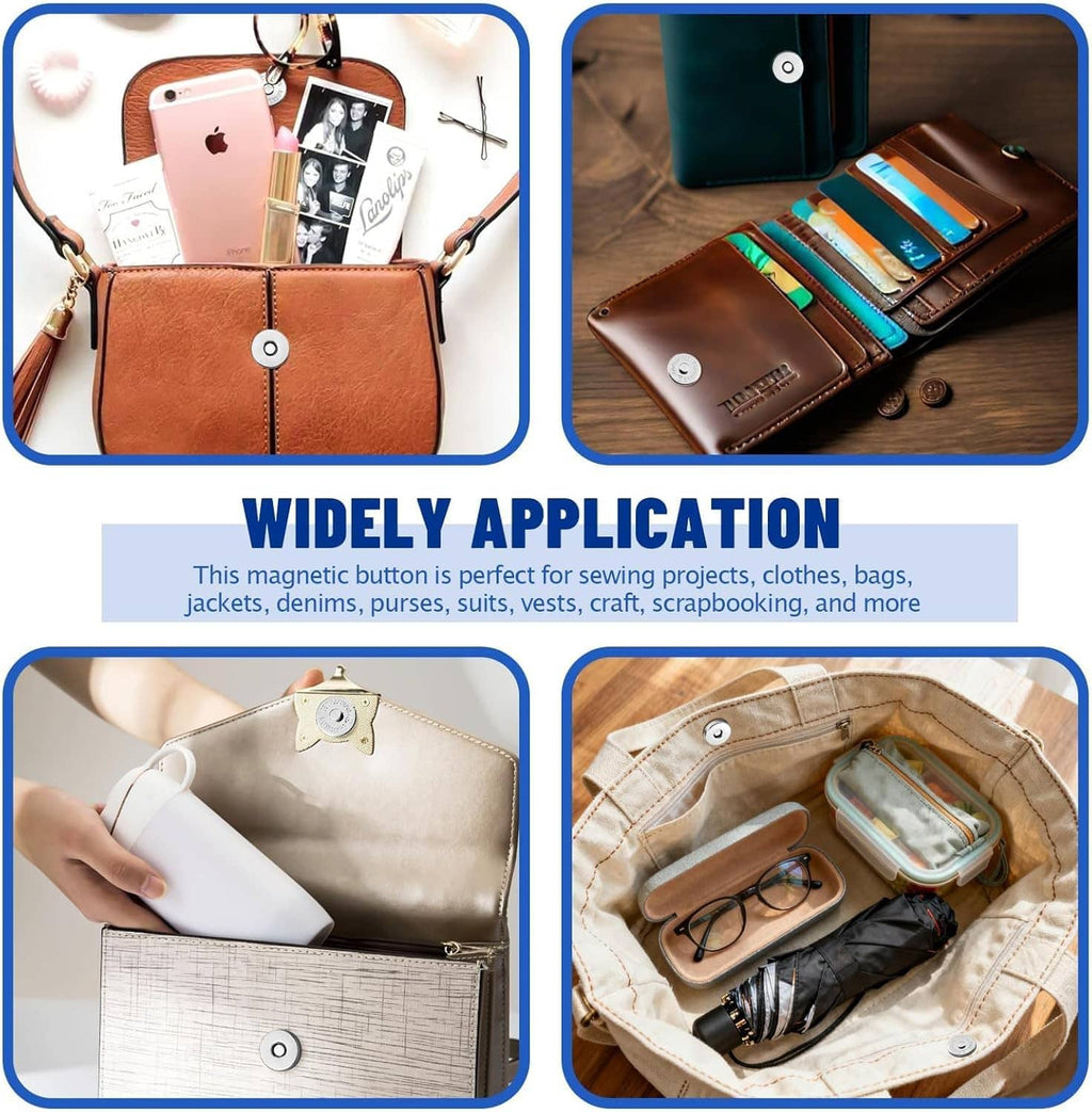 Magnetic snap buttons used on purses and bags, showing snap closures on leather