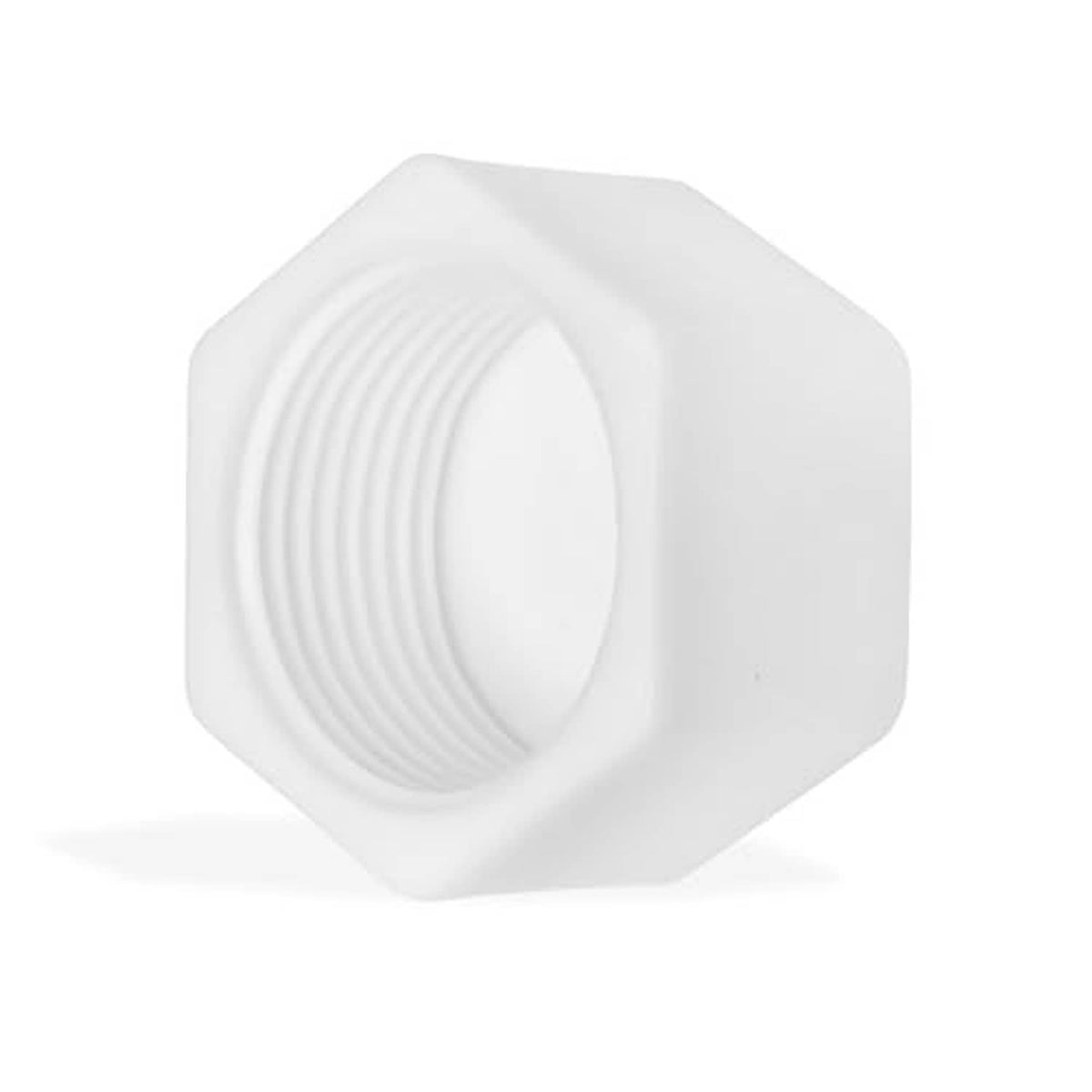 White PVC pipe end cap showing internal threading on hex plug