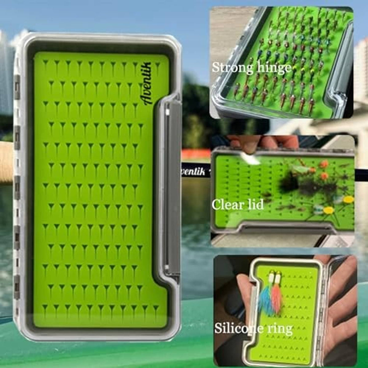 Green silicone fly fishing tackle tray set with clear lid, gray hinge and silicone ring