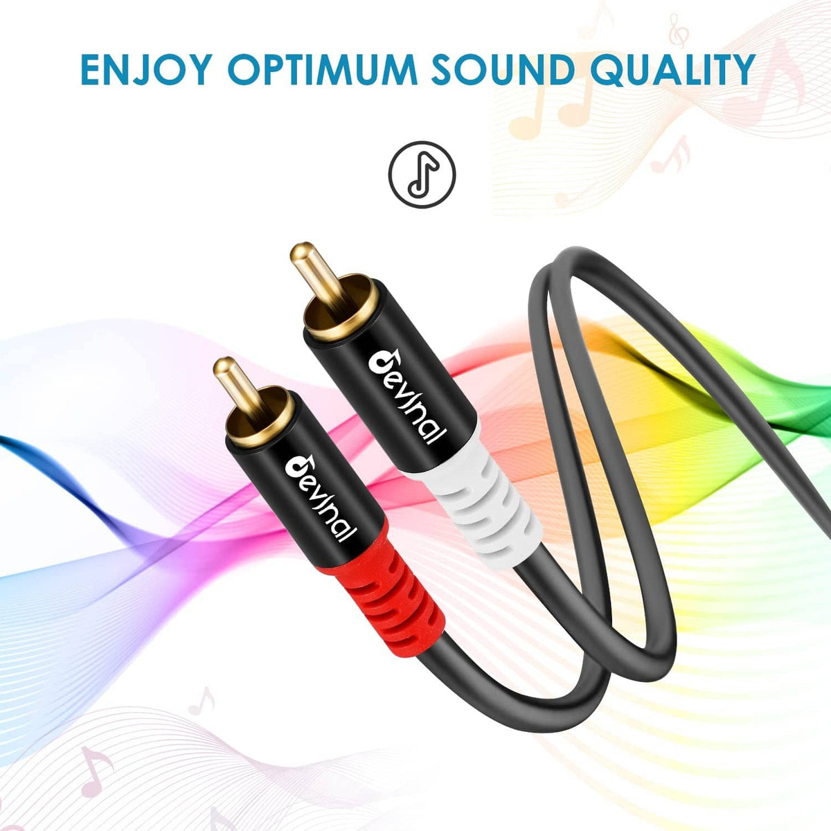 RCA Y-splitter cable with gold-plated RCA plugs in black, red, and white