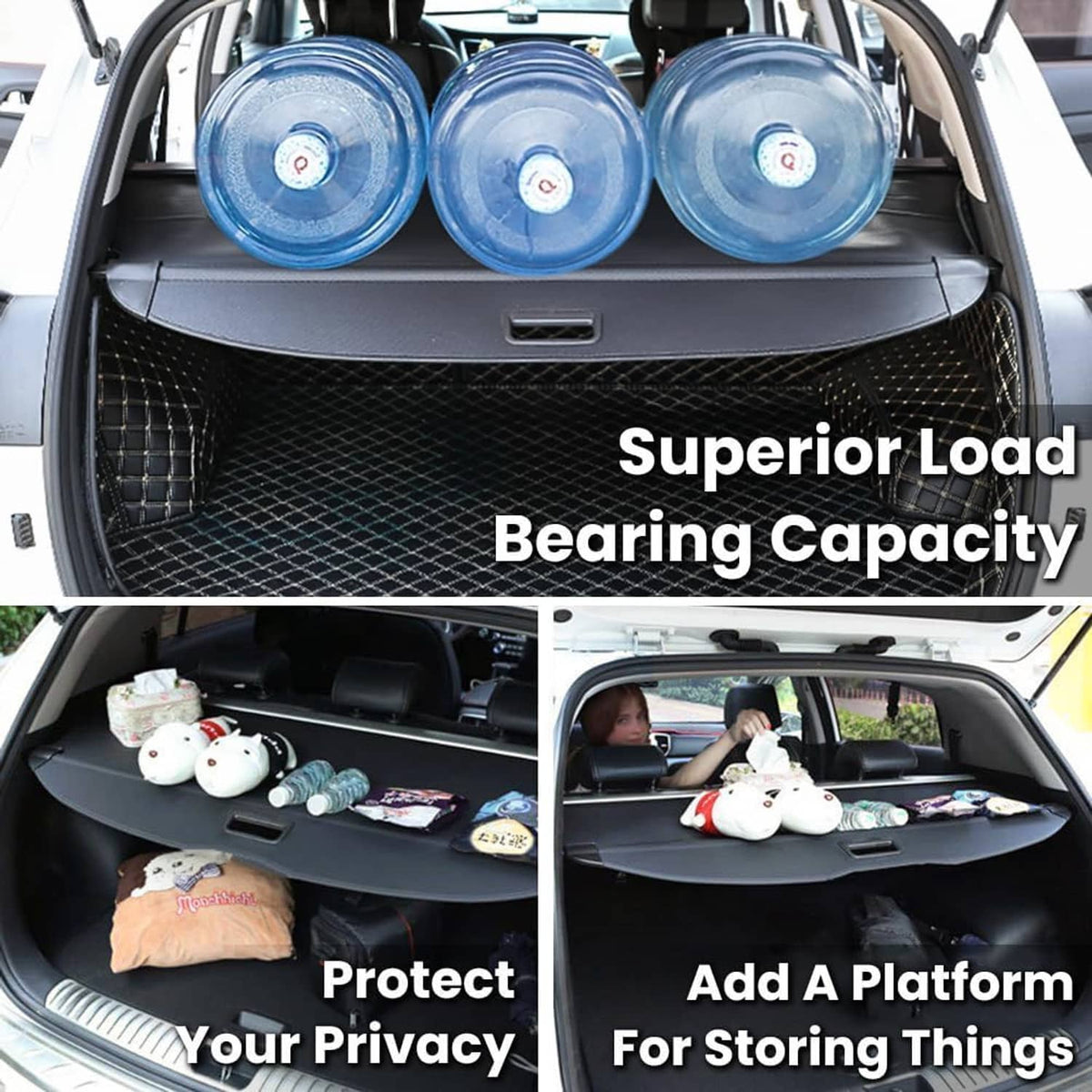 Black rear cargo cover installed with items stored behind it