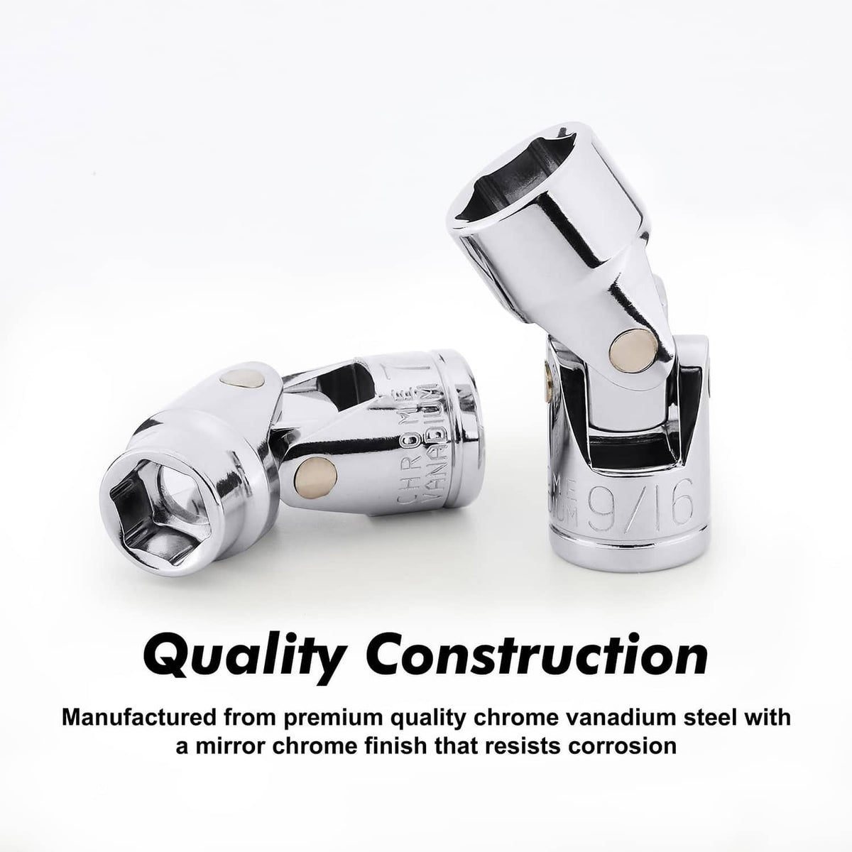 Two chrome 6-point swivel sockets with mirrored finish for 3/8 in drive