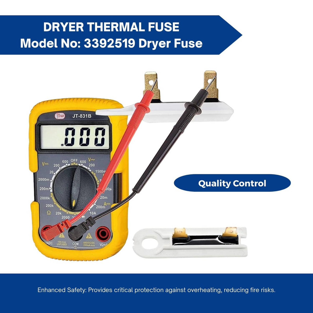 Dryer thermal fuse with two gold terminals and black component in white bracket