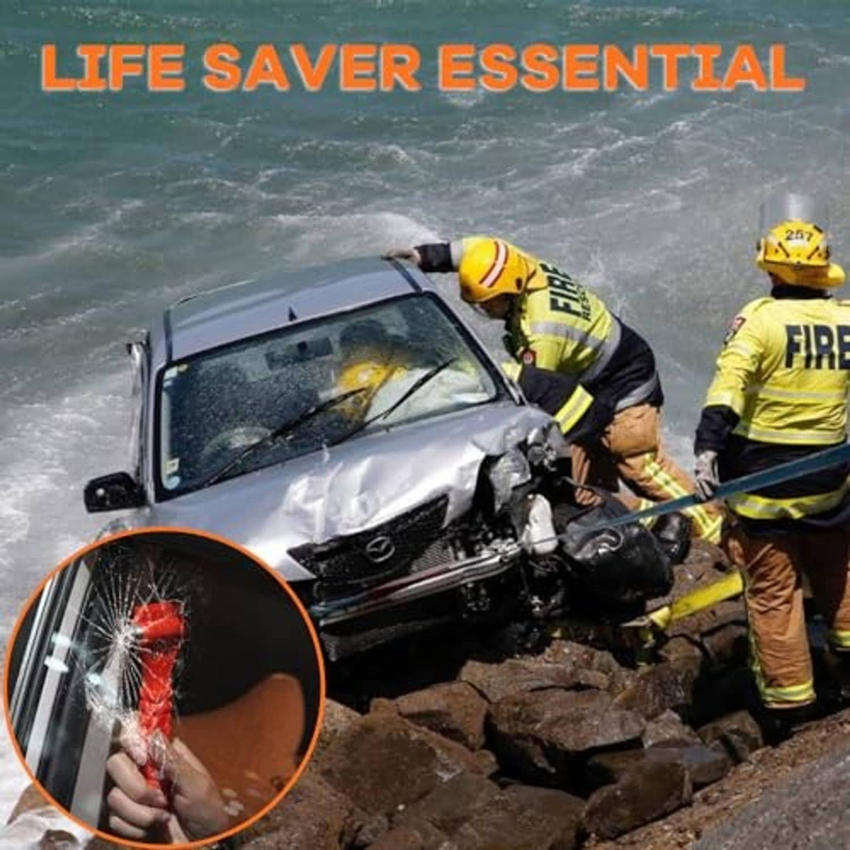 Emergency car safety hammer with orange body, shown in inset