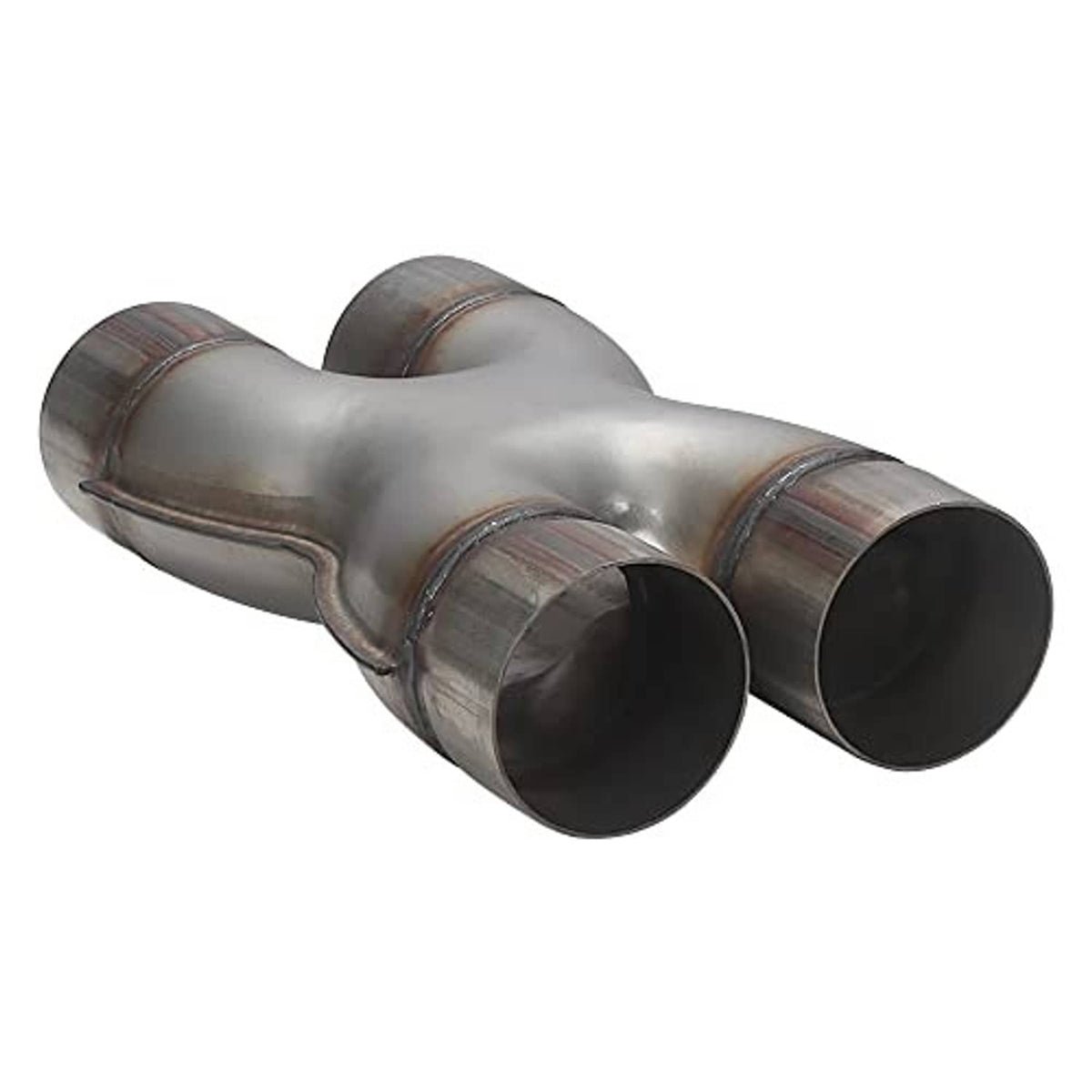 Stainless steel dual exhaust pipe, angled view showing two round outlet openings