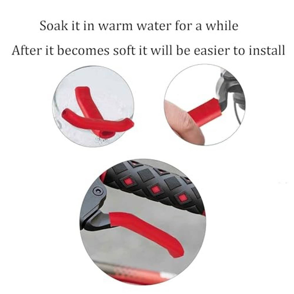 Red silicone brake lever grip cover softened for easier installation, shown on lever end