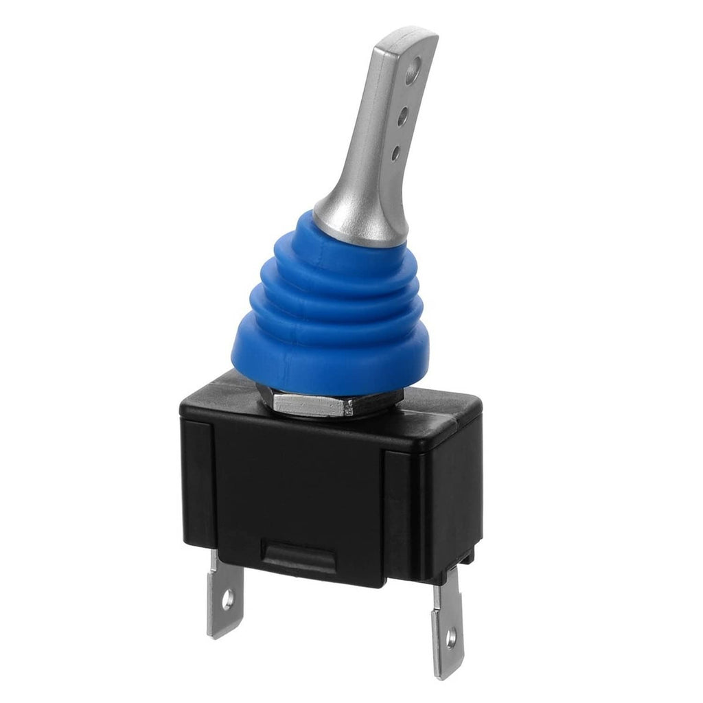 Waterproof toggle switch with blue boot and silver lever, black rectangular housing