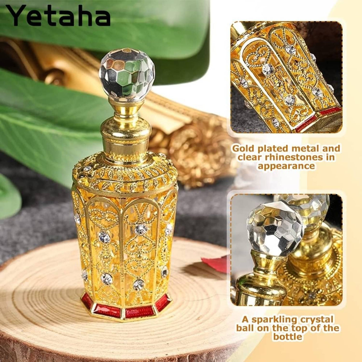 Golden filigree perfume bottle with crystal ball cap and rhinestone details, red accents
