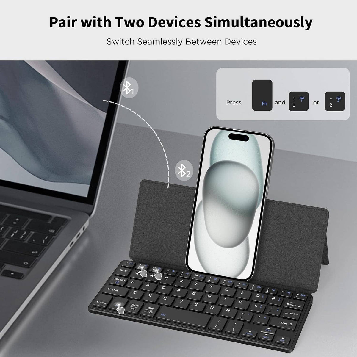 Portable mini wireless keyboard with phone stand, black, angled front view