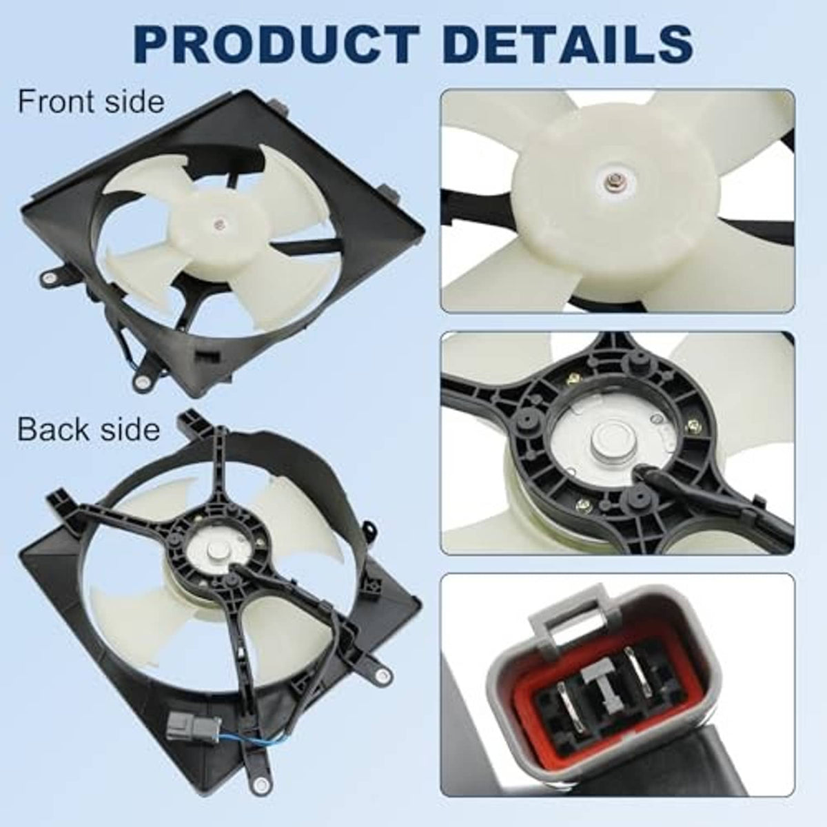 AC condenser cooling fan assembly with white fan, black shroud, and wiring connector