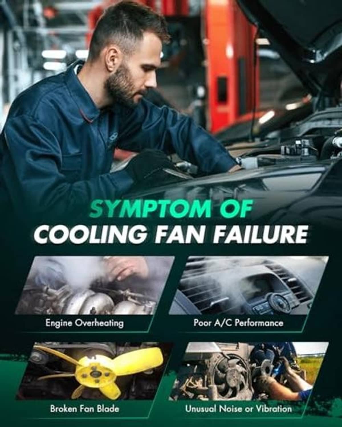 Mechanic working at engine bay with radiator cooling fan failure warning icons overlay