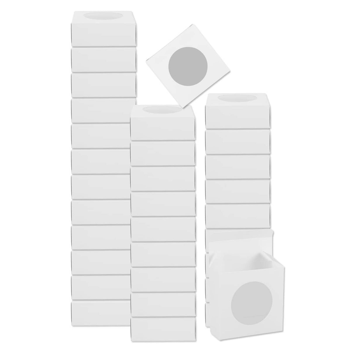 White soap packaging boxes set with circular label window cutouts