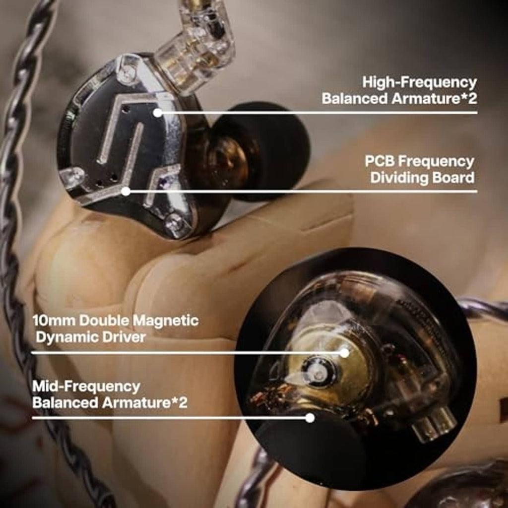 In-ear monitor close-up with transparent housing and black nozzle, driver labels shown