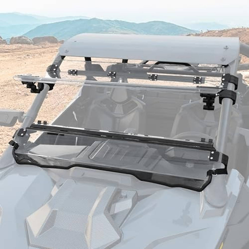 3-in-1 flip-up windshield with clear visor panels and black bracket hardware