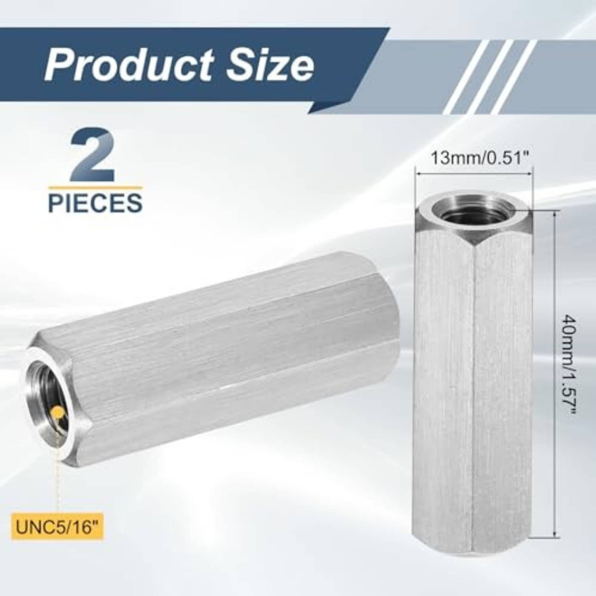 Brushed stainless coupling nut, hex exterior, threaded hole